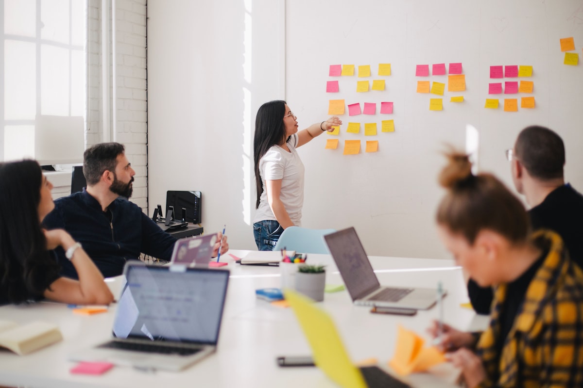 Team reviewing performance results together in a bright office