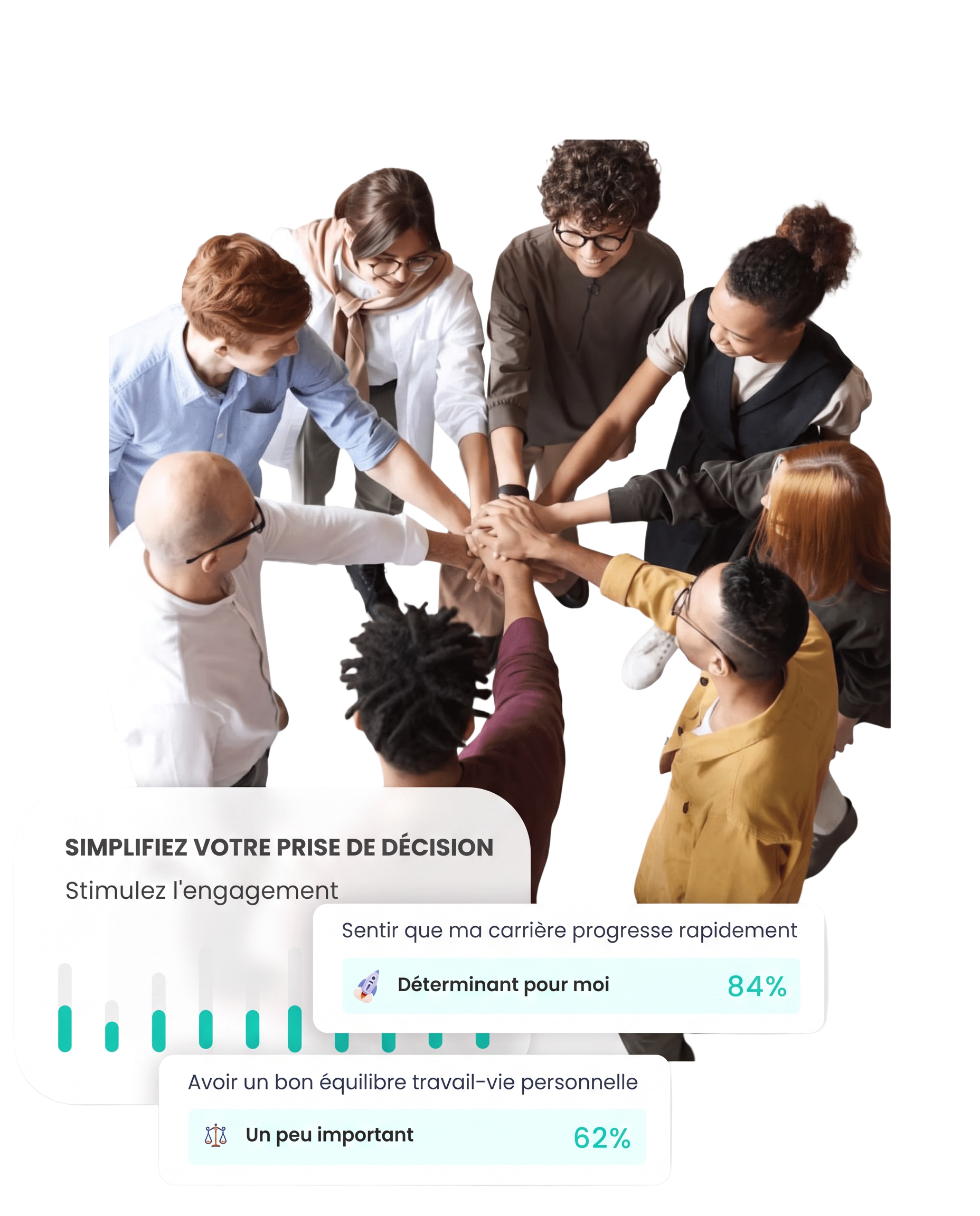 A team putting their hands together, with engagement and retention metrics